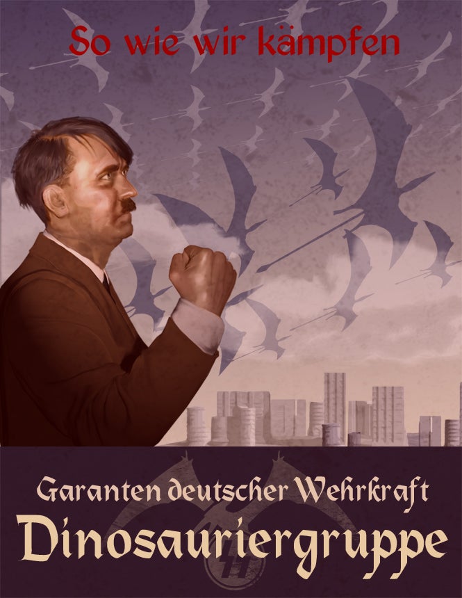 Propaganda posters urge you to keep calm and shoot Nazi dinosaurs