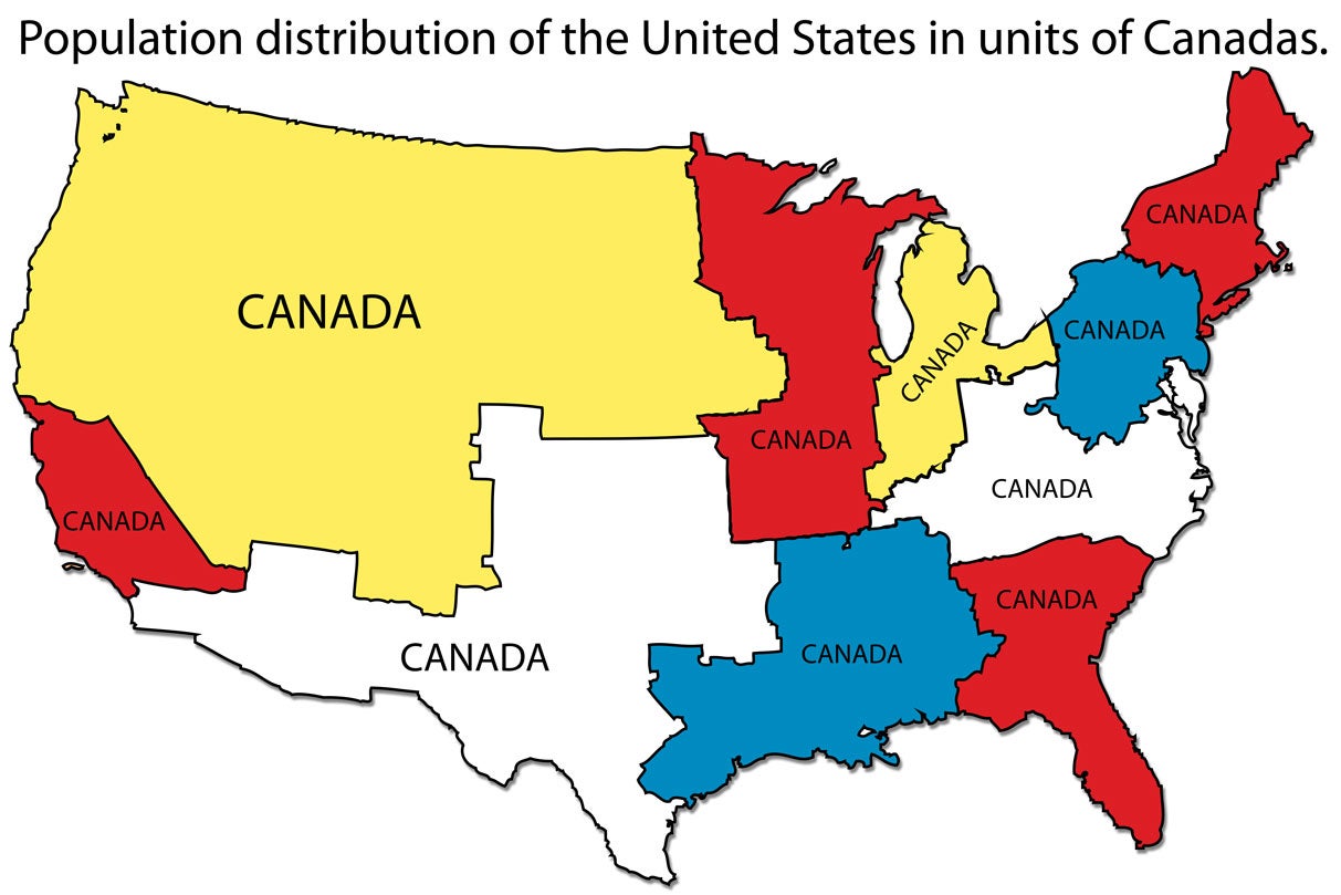 Population distribution of the United States, measured in Canada's