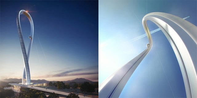 Crazy tower design takes people in glass pods on a roller coaster loop