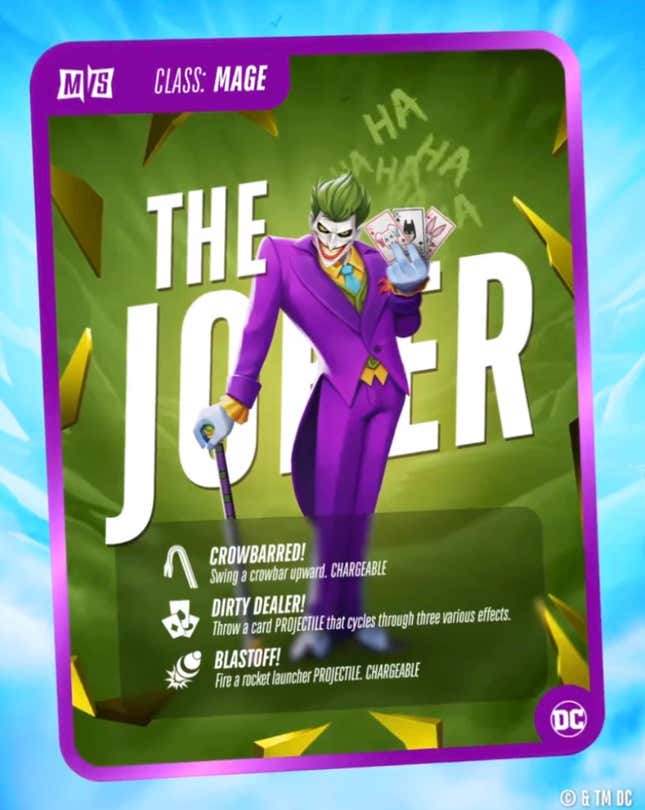 An image of the Joker lists his class as "Mage" and his techniques as CROWBARRED! (Swing a crowbar upward. CHARGEABLE), DIRTY DEALER! (Throw a card PROJECTILE that cycles through three various effects) and BLASTOFF! (Fire a rocket launcher PROJECTILE. CHARGEABLE).
