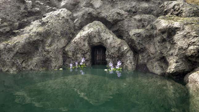 The entrance to the Thieves Den tucked into an alcove beneath Anvil Castle in Oblivion Remastered.