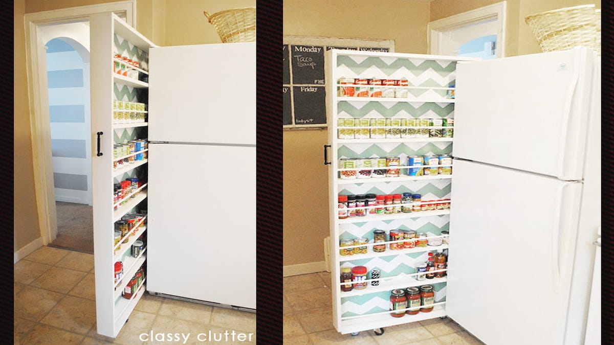 Build A Space Saving Roll Out Pantry That Fits Between The Fridge