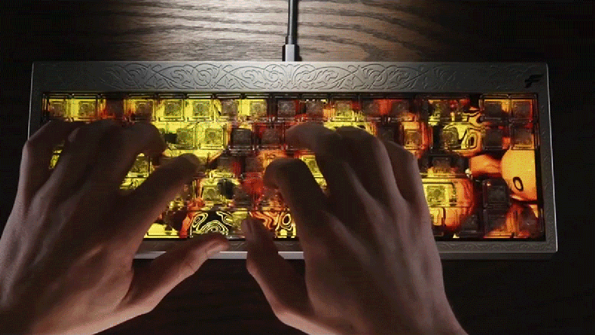 Este teclado tem teclas transparentes e tela dentro