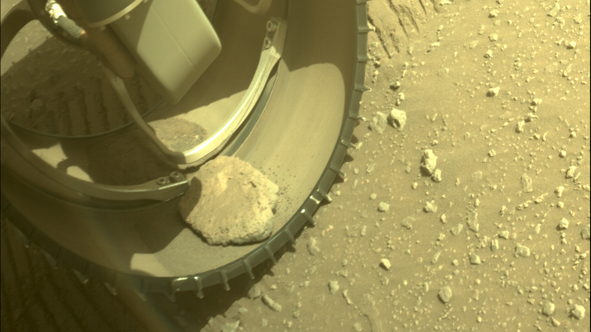 화성암이 인내 로버의 바퀴에 갇힌 것처럼 보입니다.
