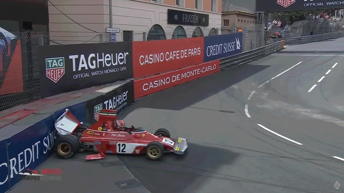 Charles Leclerc Crashes Niki Lauda's 1974 Ferrari F1 Car at Monaco Historic Grand Prix
