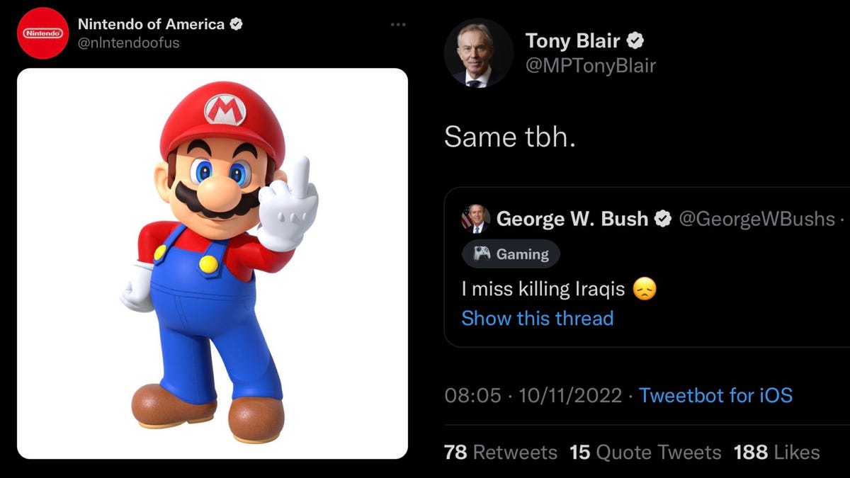 Mario nas nienawidzi, a George Bush tęskni za zabijaniem Irakijczyków w tej nowej zweryfikowanej anarchii na Twitterze