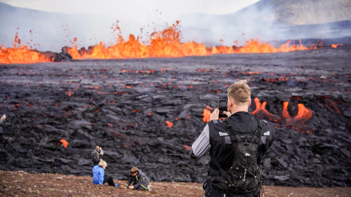 Tourists Walk to Fagradalsfjall Volcano Eruption for Pics