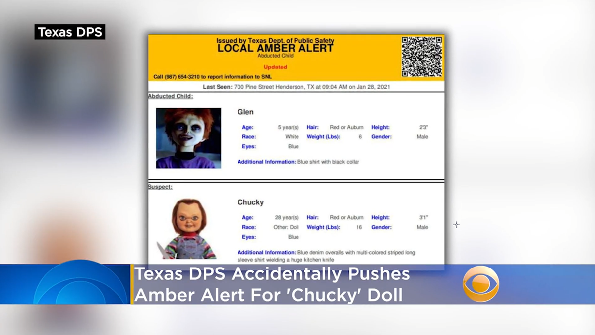 Texas accidentally posts amber alerts to Chucky Doll, Son Glen