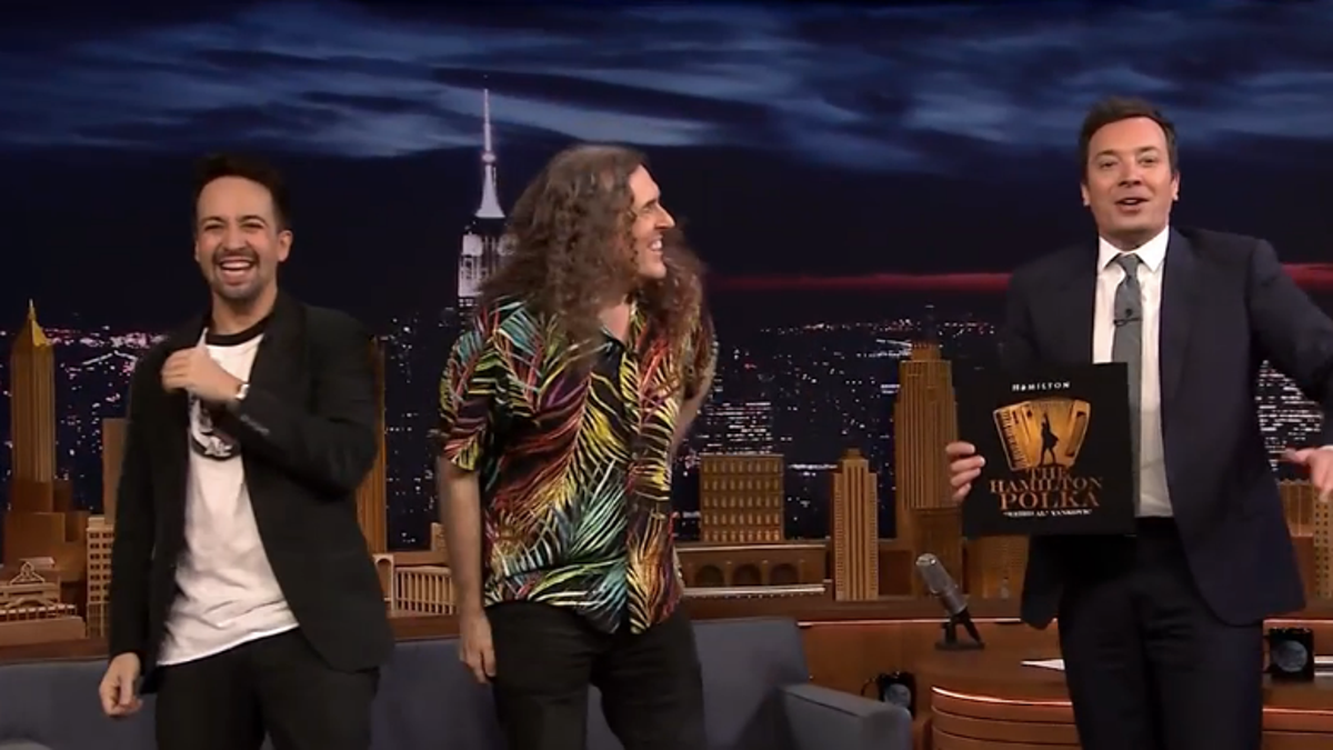 Lin Manuel Miranda Weird Al And Jimmy Fallon Geek Out Over The Hamilton Polka On The Tonight Show