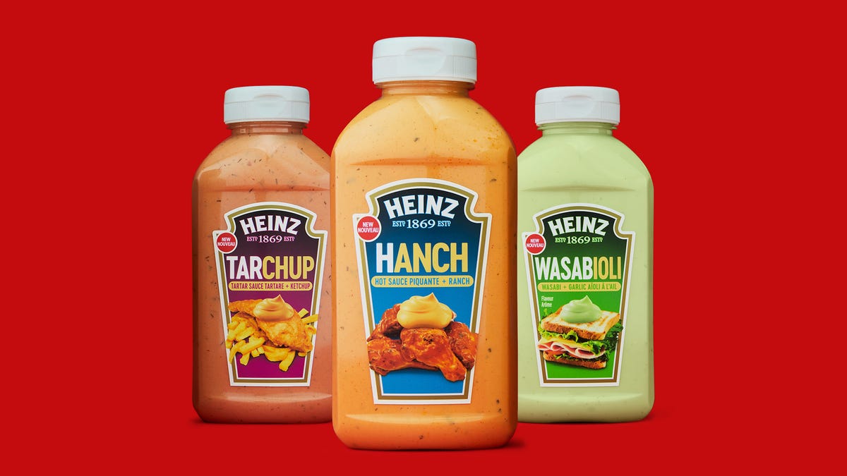 Heinz blends of wasabi and aioli, hot sauce and ranch, and tartar sauce and...