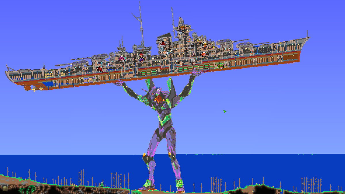 Someone turned a map of Terraria into an Evangelion that had a warship