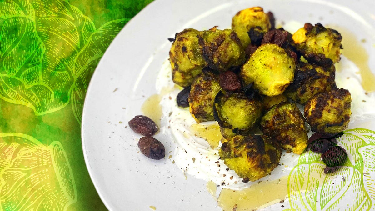Recipe: Air fried Brussels sprouts with olives and labneh