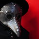 A person dressed in a plague mask and black hat, standing against a red background