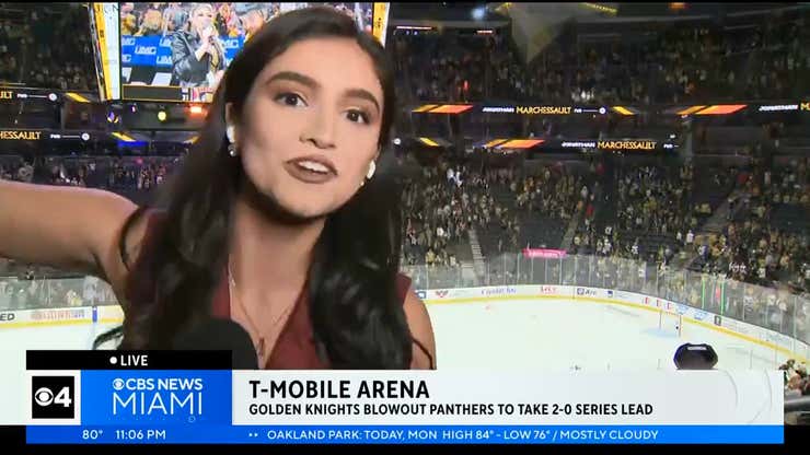 Image for Golden Knights fan tries to get on TV, gets stiff-arm from reporter for his troubles