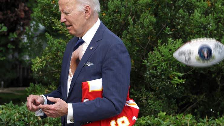 Image for Gently Tossed Football From Patrick Mahomes Tears Straight Through Biden’s Chest