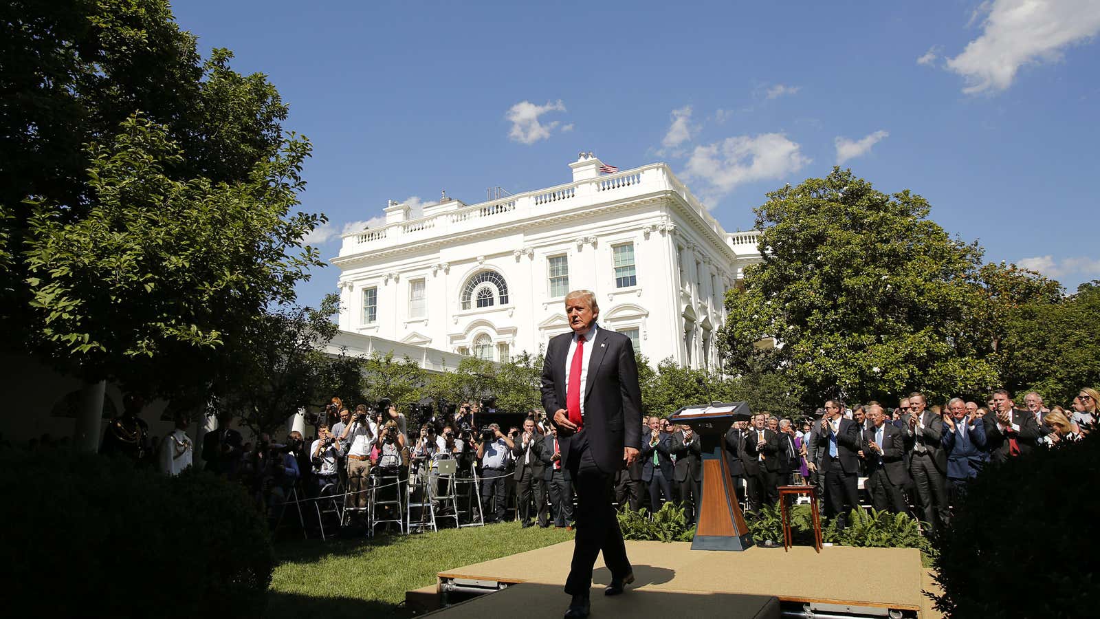 U.S. President Donald Trump departs after announcing his decision that the United States will withdraw from the landmark Paris Climate Agreement, in the Rose Garden…