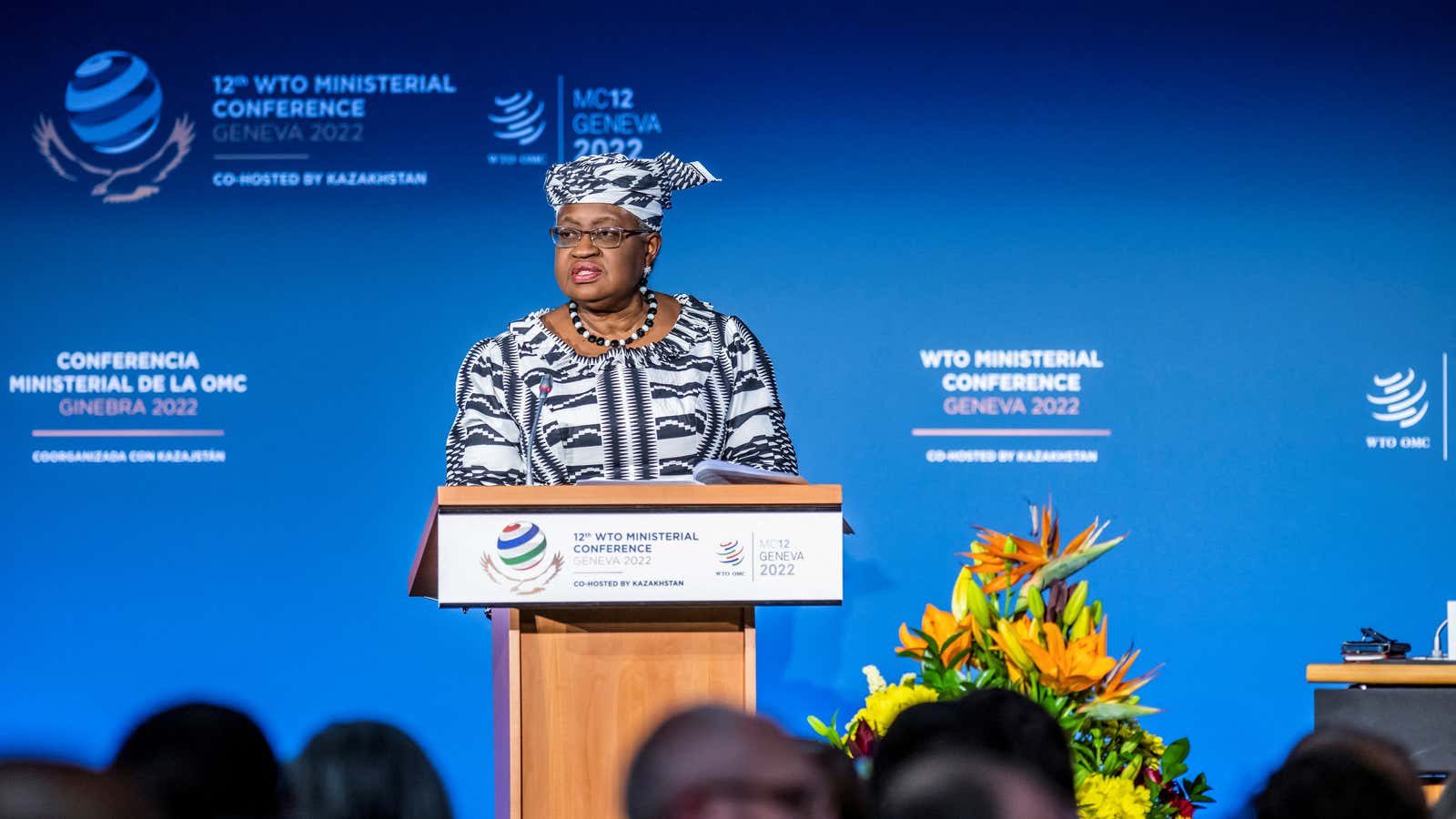 Director-General of the World Trade Organisation (WTO) Ngozi Okonjo-Iweala speaks at the opening ceremony of the 12th Ministerial Conference.