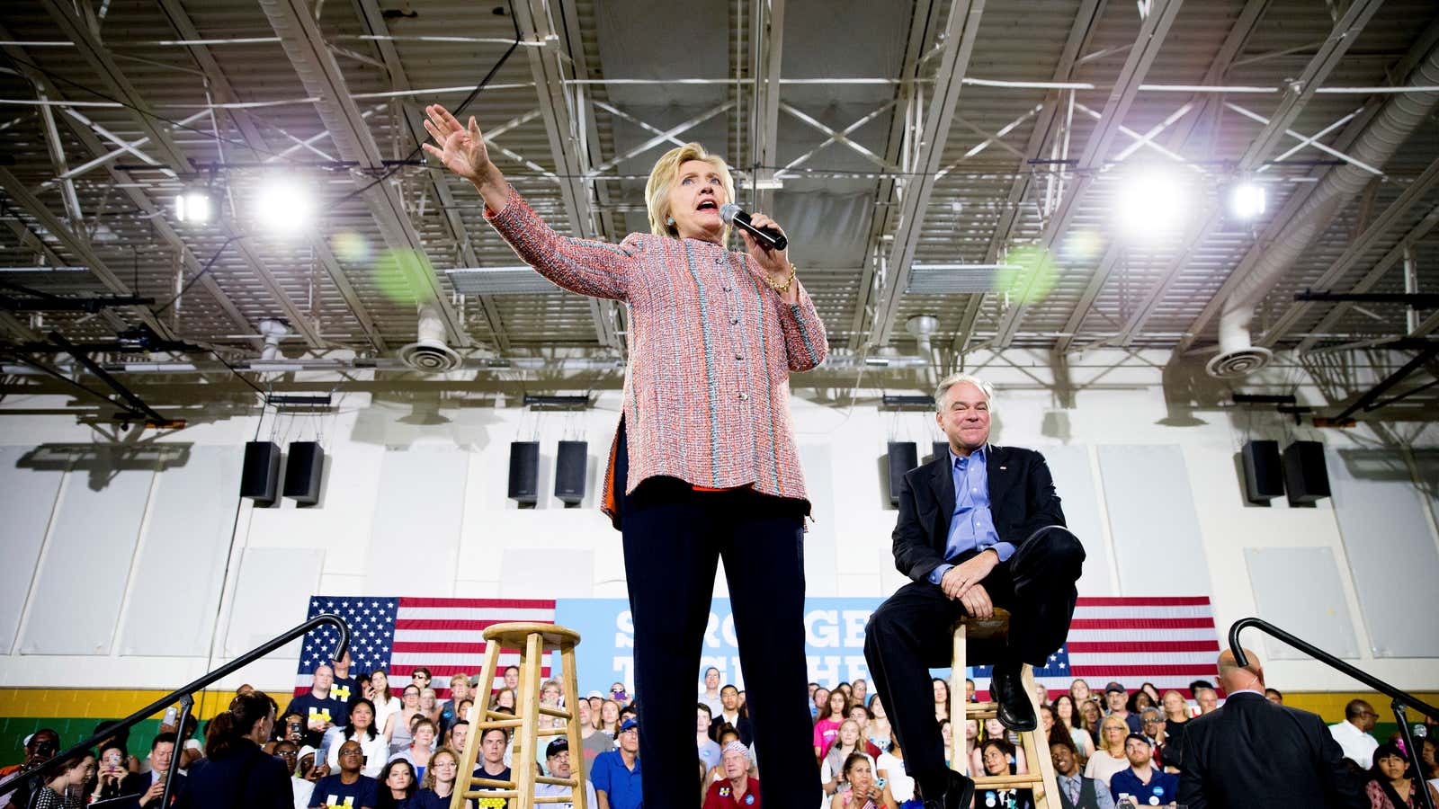 Democratic presidential candidate Hillary Clinton speaks at a rally in northern Virginia with possible vice presidential pick Tim Kaine.