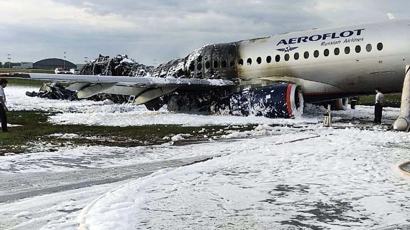 A wrecked Sukhoi Superjet 100 after its fiery crash landing.