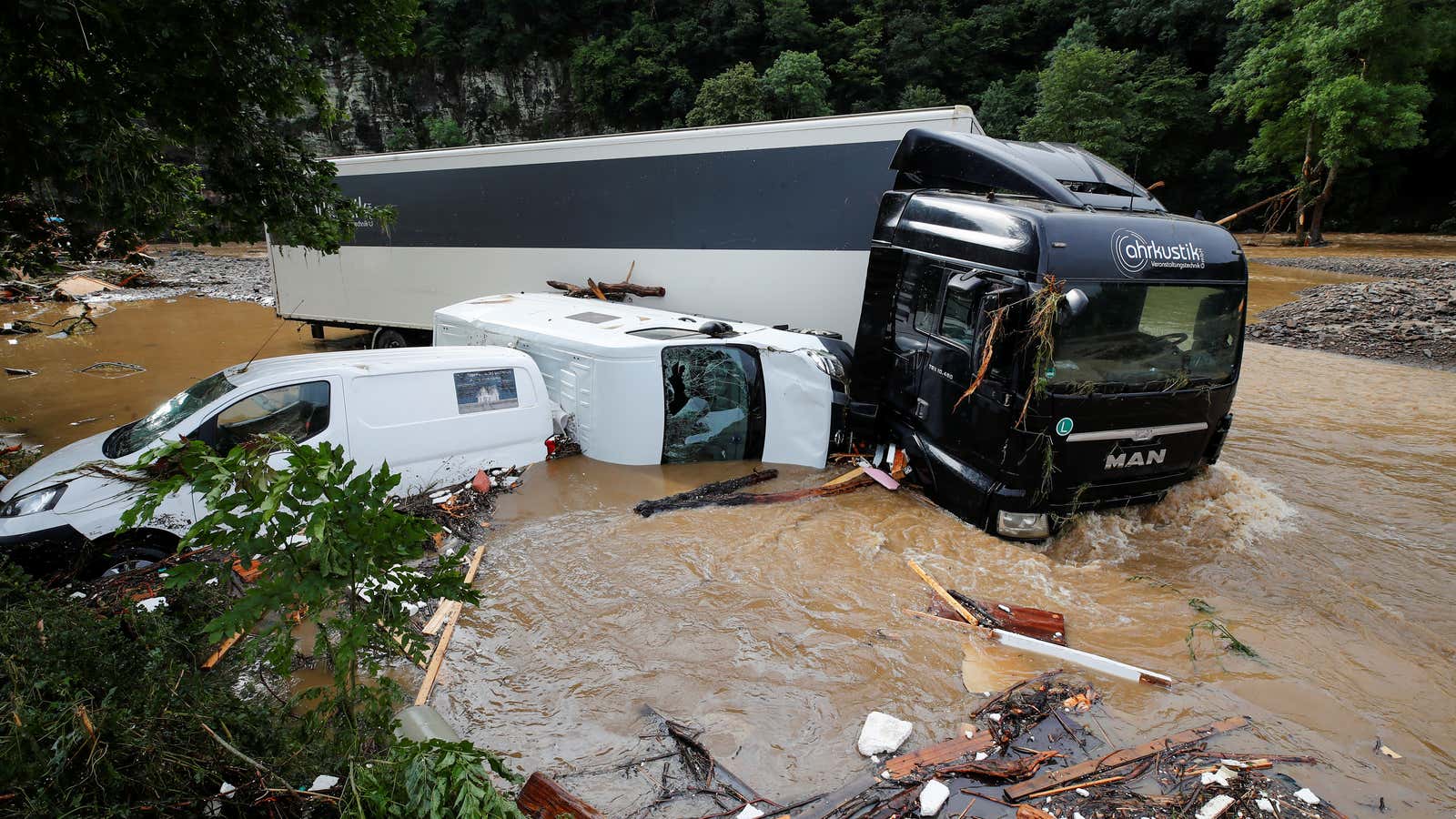 Partially submerged vehicles in Schuld, Germany.