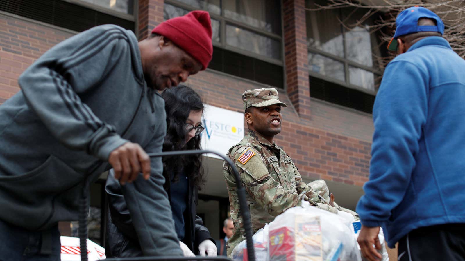 National Guard troops helping with food distribution in New Rochelle, New York.
