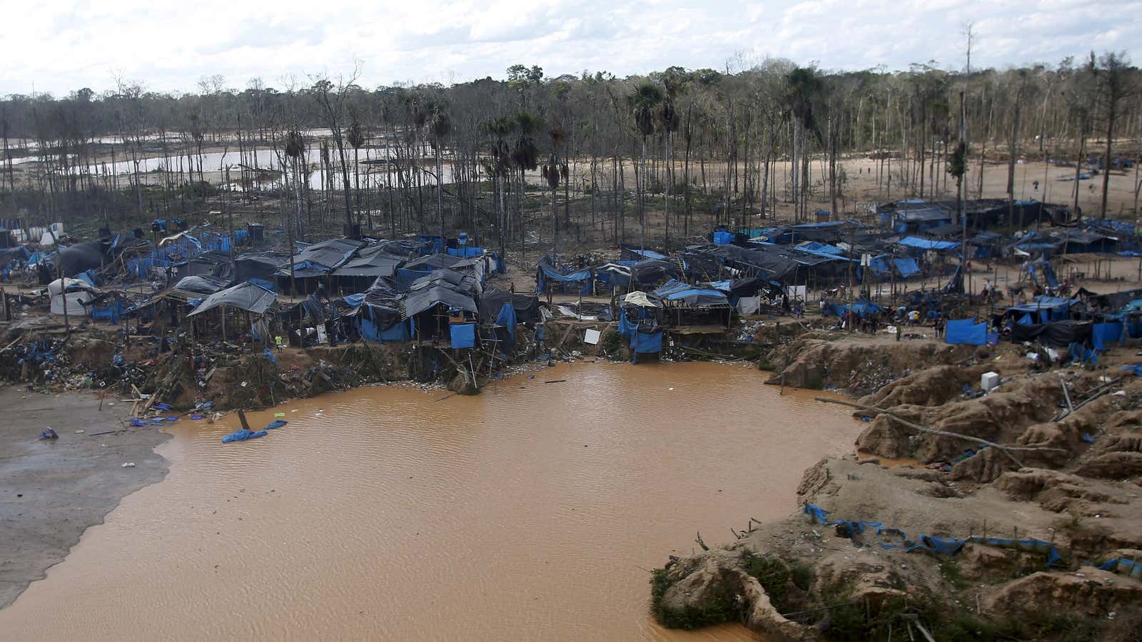 An illegal gold mining camp in a zone known as Mega 14, in the southern Amazon region of Madre de Dios