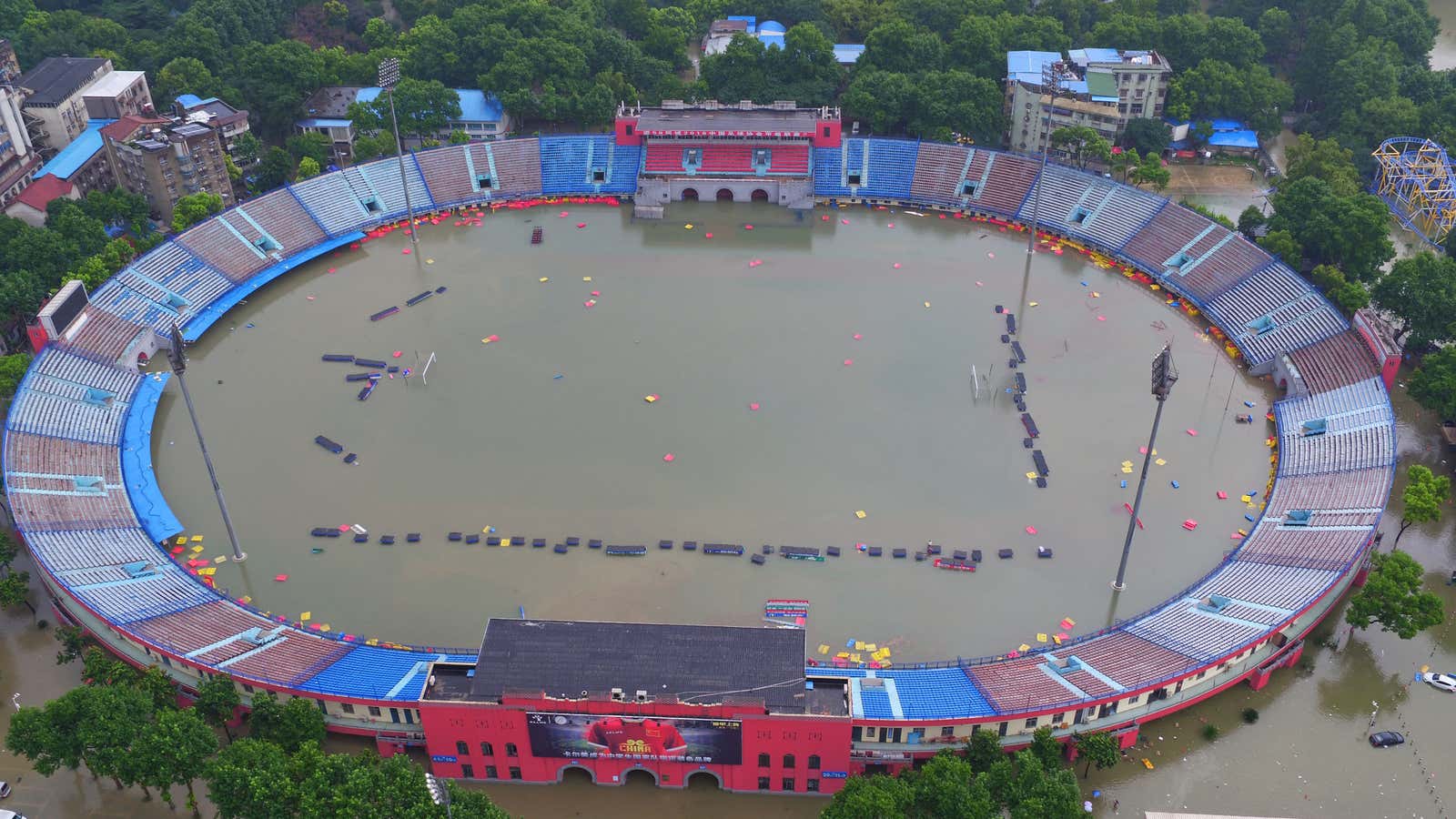 A flooded sports stadium in Wuhan.