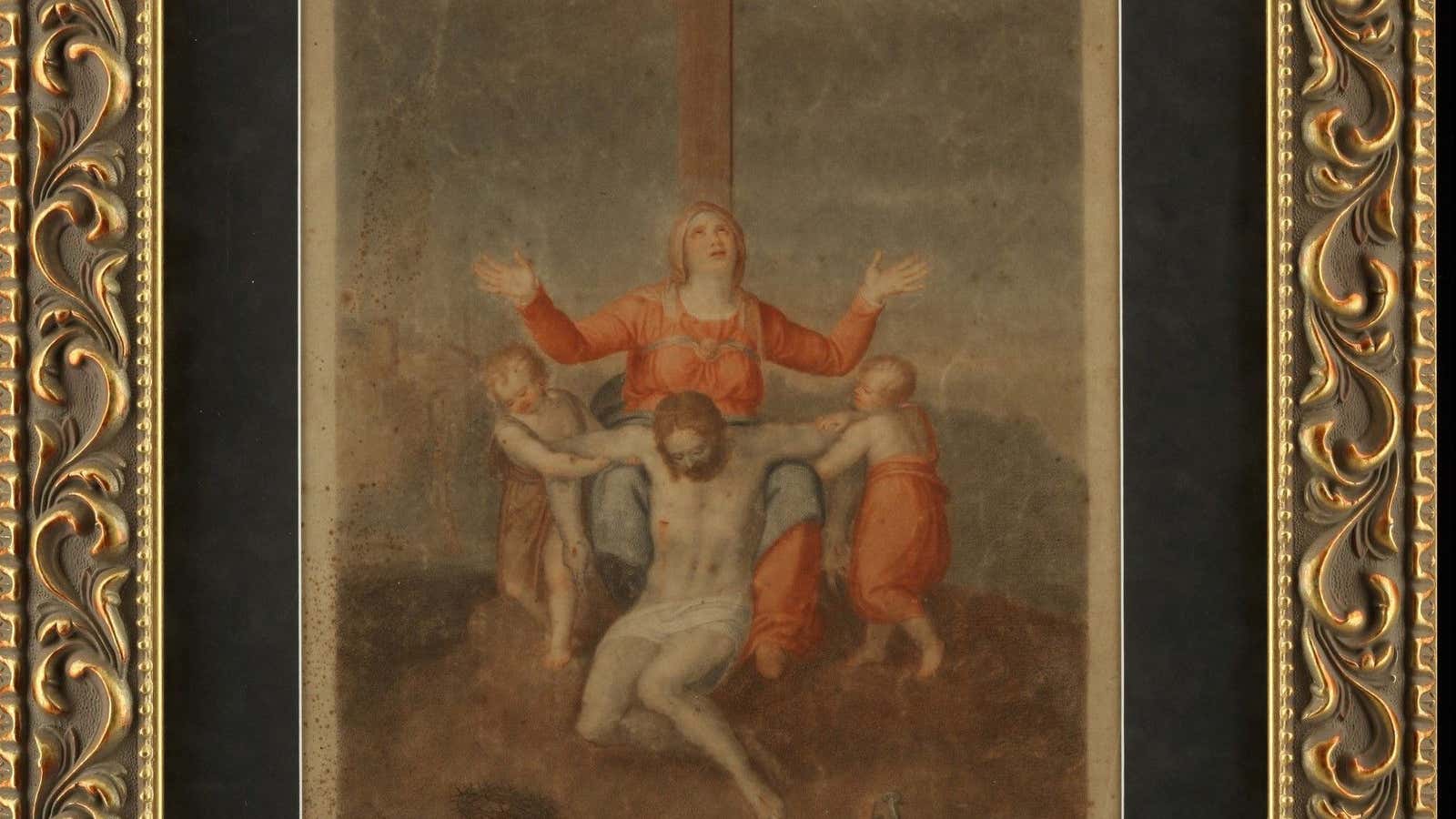 The painting, alleged to be by Michelangelo, shows the crucifixion of Jesus Christ.