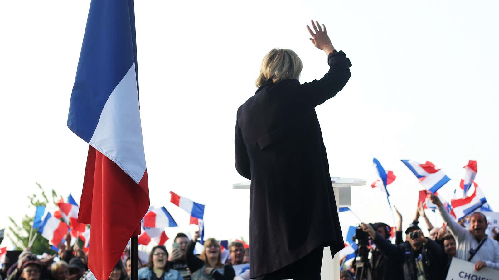 French far-right leader and presidential candidate Marine Le Pen addresses fans in northern France.