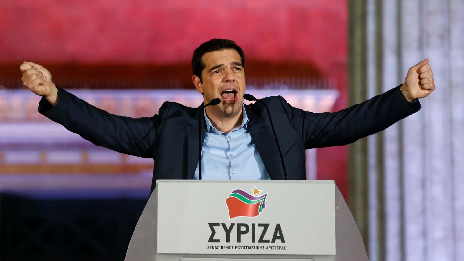 The head of radical leftist Syriza party Alexis Tsipras speaks to supporters after winning the elections in Athens.