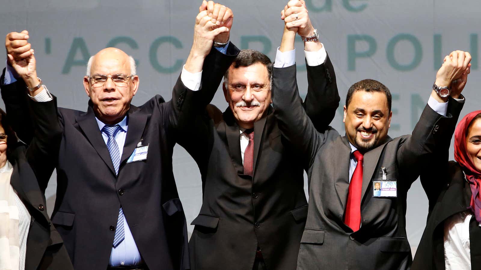 From left to right, Mohammed Chouaib, head of delegation from the UN-recognized government in the eastern city of Tobruk, Libya; Fayez Sarraj, Libyan Prime minister; and Dr. Saleh Almkhozom, second deputy chairman of the Libyan General National Congress,