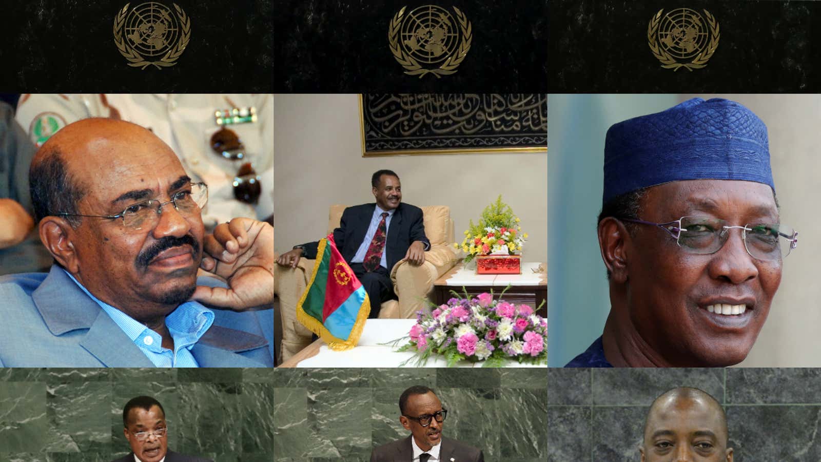 (Clockwise from top left): Teodoro Obiang (Equatorial Guinea), Paul Biya (Cameroon), Yoweri Museveni (Uganda), Omar al-Bashir (Sudan), Idriss Deby (Chad), Isaias Afewerki (Eritrea), Denis Sassou Nguesso (Congo), Paul Kagame (Rwanda), Joseph Kabila (DRC)