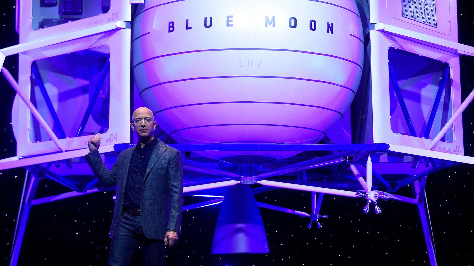 Amazon founder Jeff Bezos unveils a moon lander in May 2019.