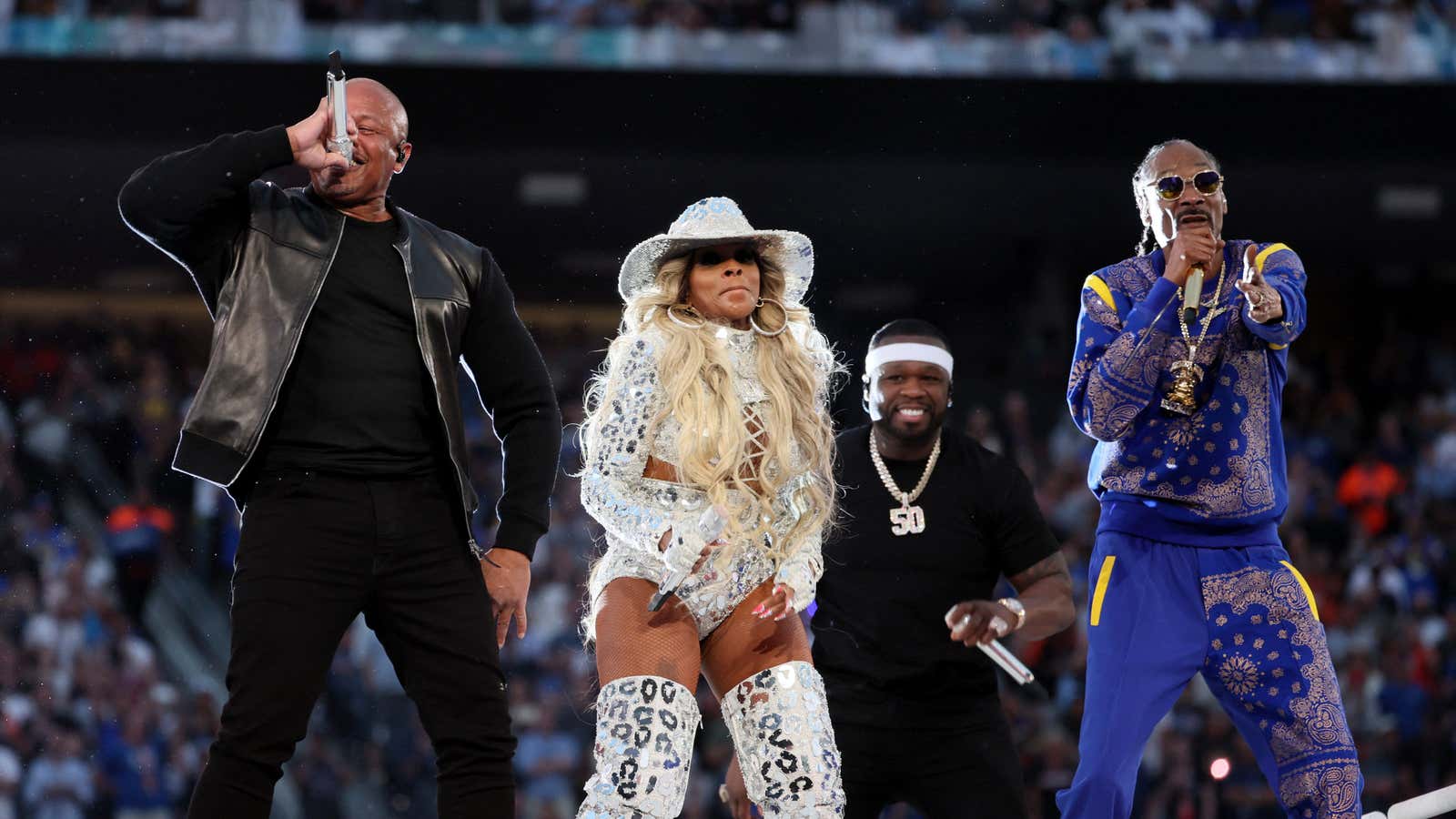 Dr. Dre, Mary J. Blige, 50 Cent, and Snoop Dogg at Super Bowl LVI.