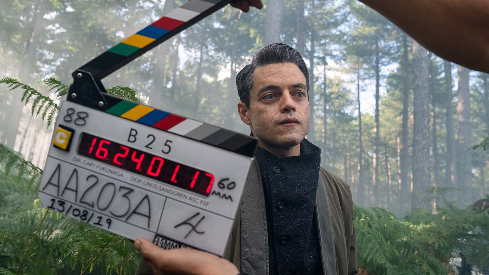 Rami Malek preparing for a scene in MGM’s “No Time To Die”