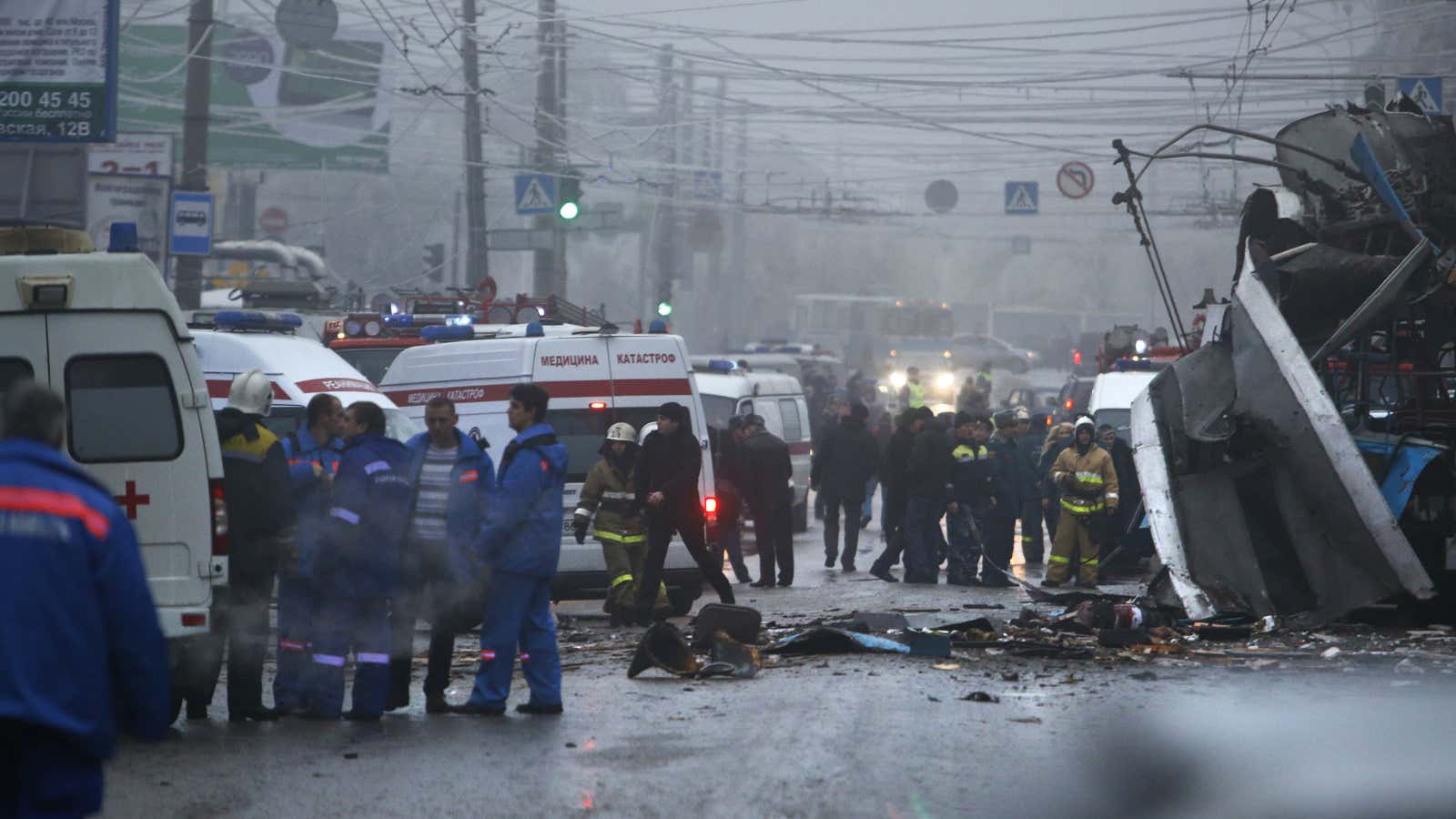Experts, firefighters and police officers examine a site of a trolleybus explosion in Volgograd, Russia on Dec. 30.