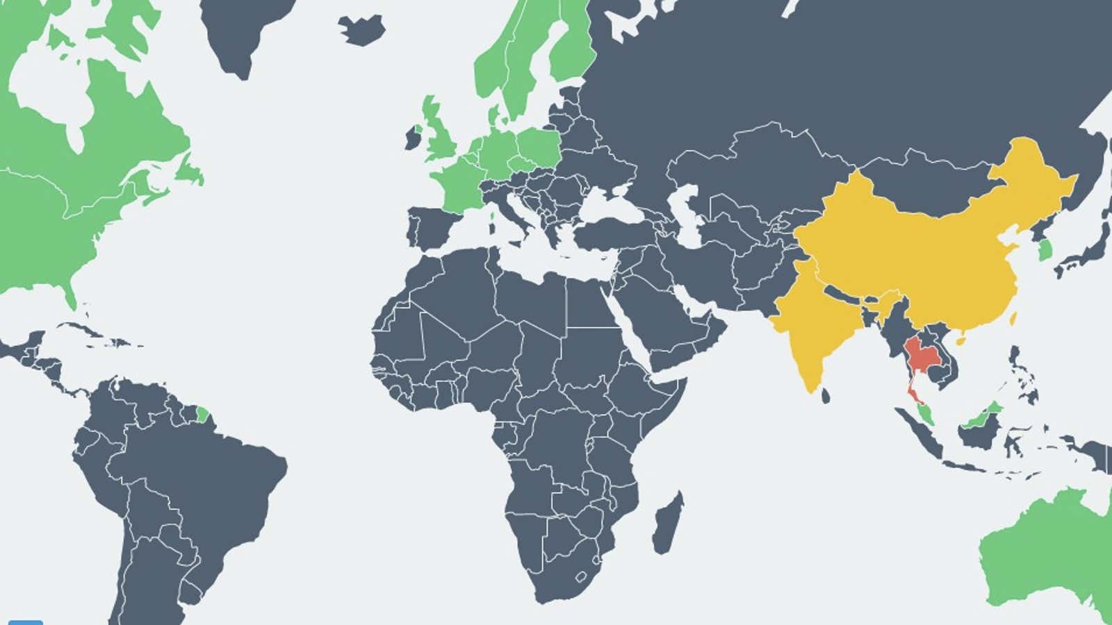 Europe and North America are particularly friendly to bitcoin, for now.