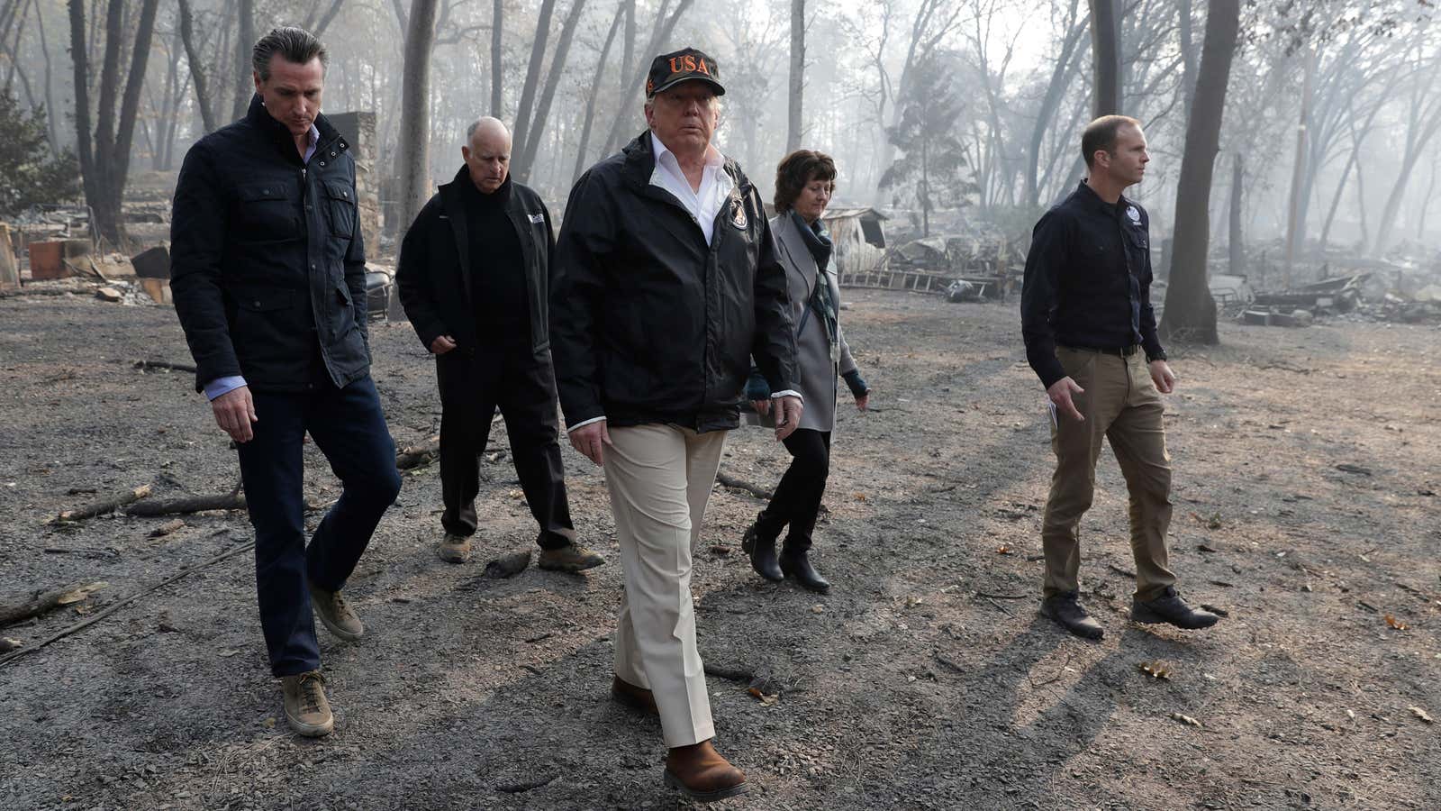 Donald Trump tours Paradise, California after the wildfires.