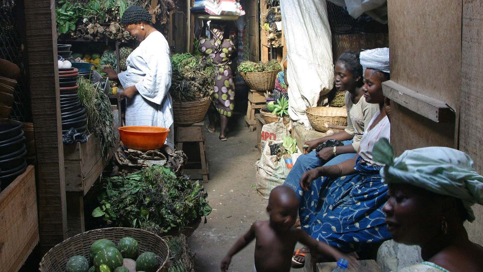 Women selling traditional medicines  look at piles of leaves, vines  and other herbs for sale at Jankara herbal market in Lagos, Nigeria,