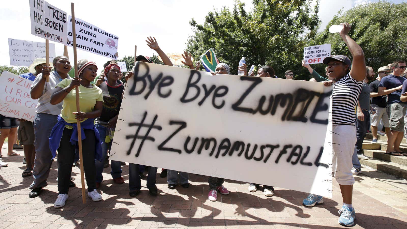 Protestors in Cape Town demanding that Jacob Zuma step down from the presidency.