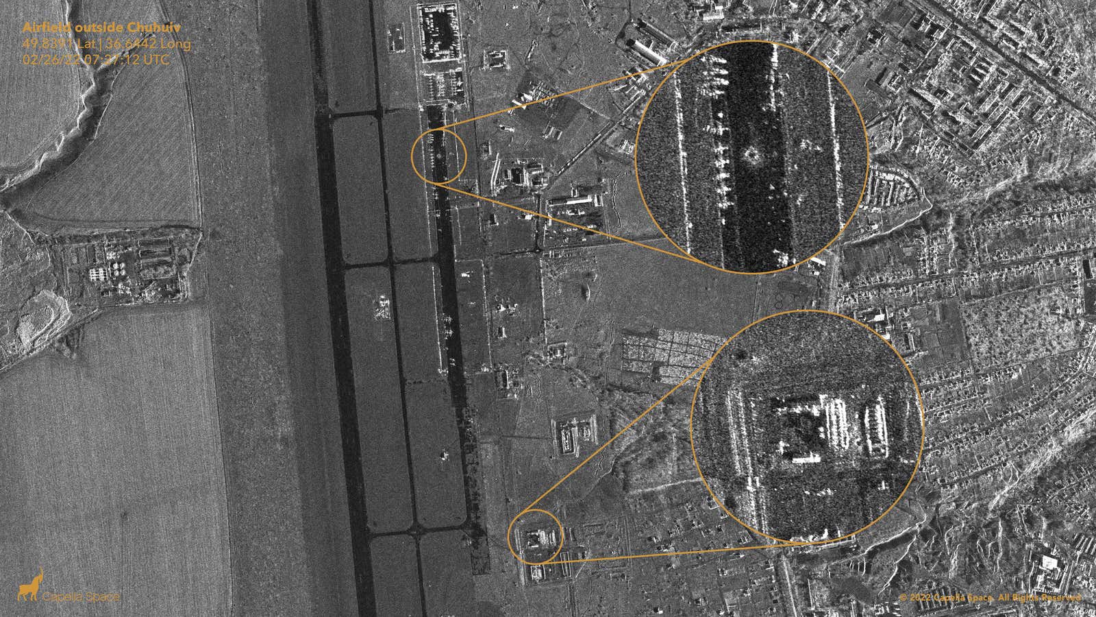 An image generated from space radar data shows the bombardment of a Ukrainian airfield.