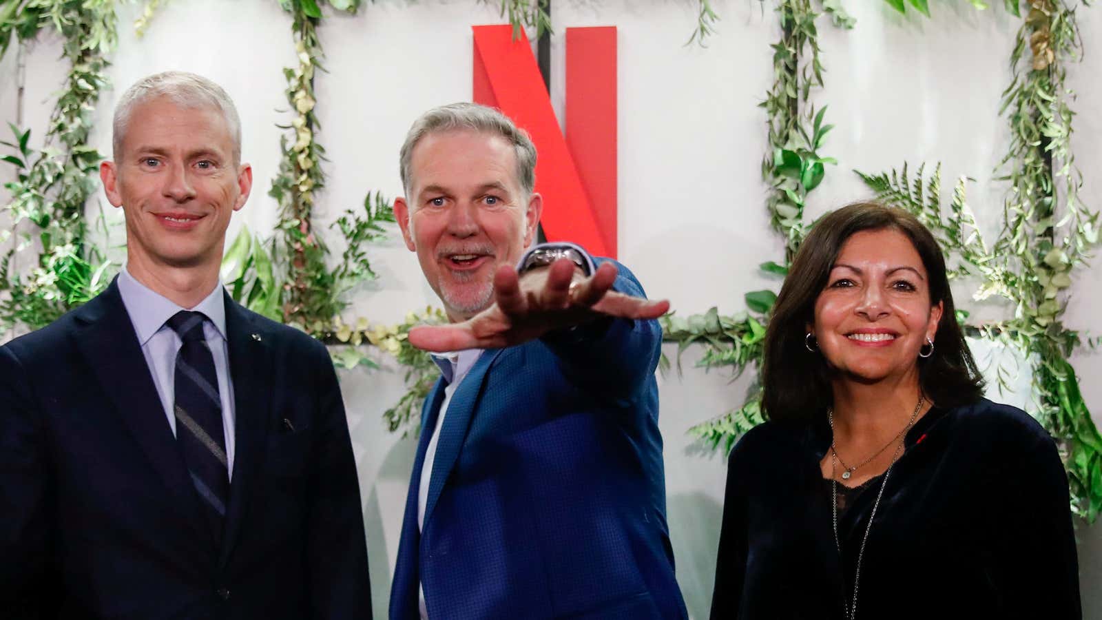 French Culture Minister Franck Riester, Reed Hastings, co-founder and CEO of Netflix and Paris Mayor Anne Hidalgo attend the inauguration of Netflix new offices in Paris in January.