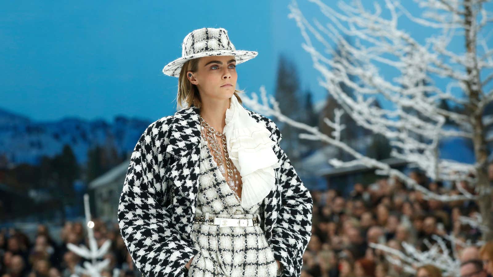 Model Cara Delevingne on a snowy hike for Chanel fall-winter 2019.