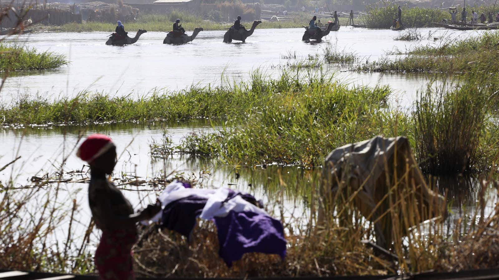 Men on camels cross the water as a woman washes clothes in Lake Chad in Ngouboua, January, 2015