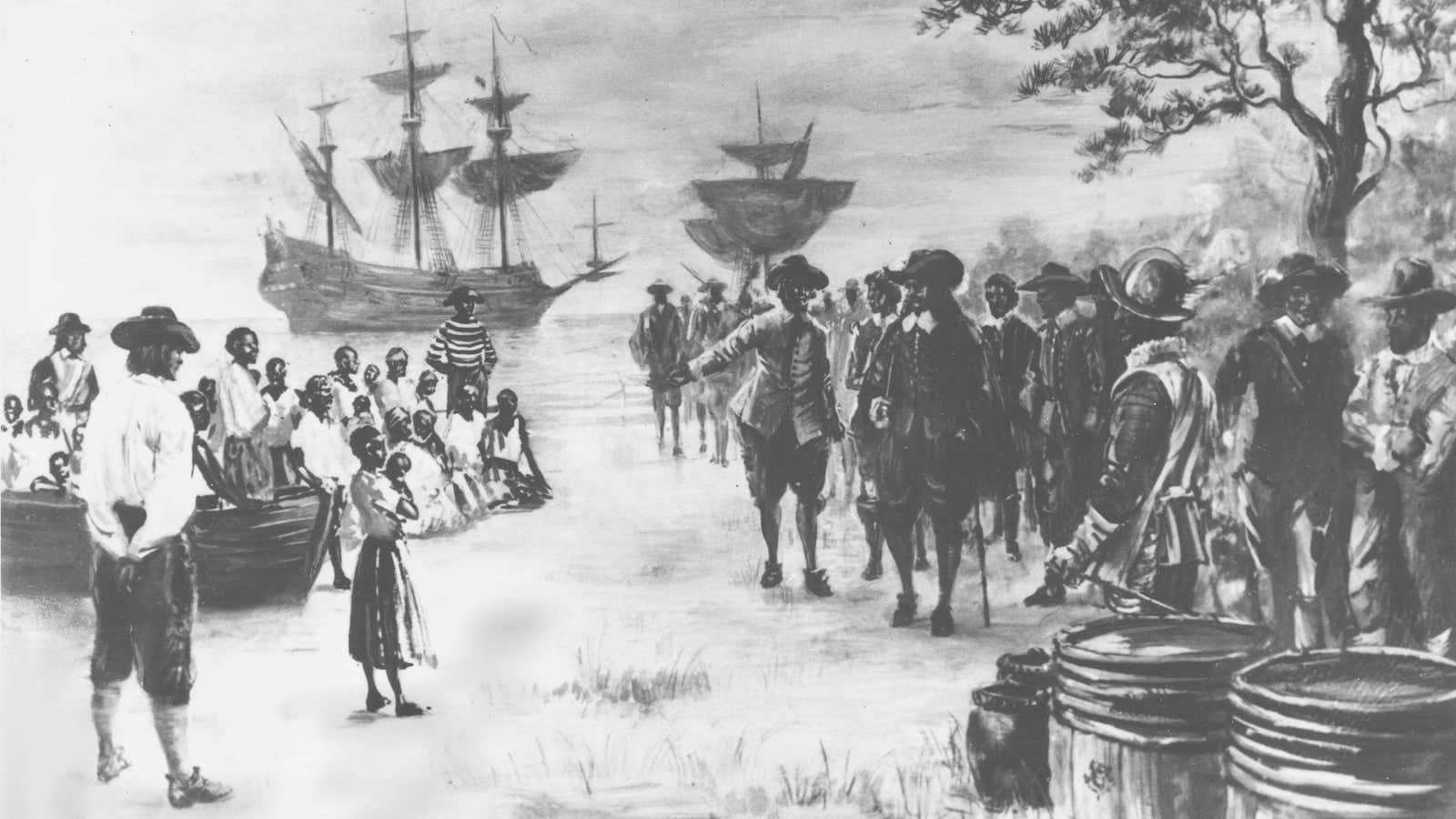 This painting by Sidney King depicts Virginia in 1619 as a Dutch frigate docks at Point Comfort bringing 20 African slaves to be traded to the settlers for food.