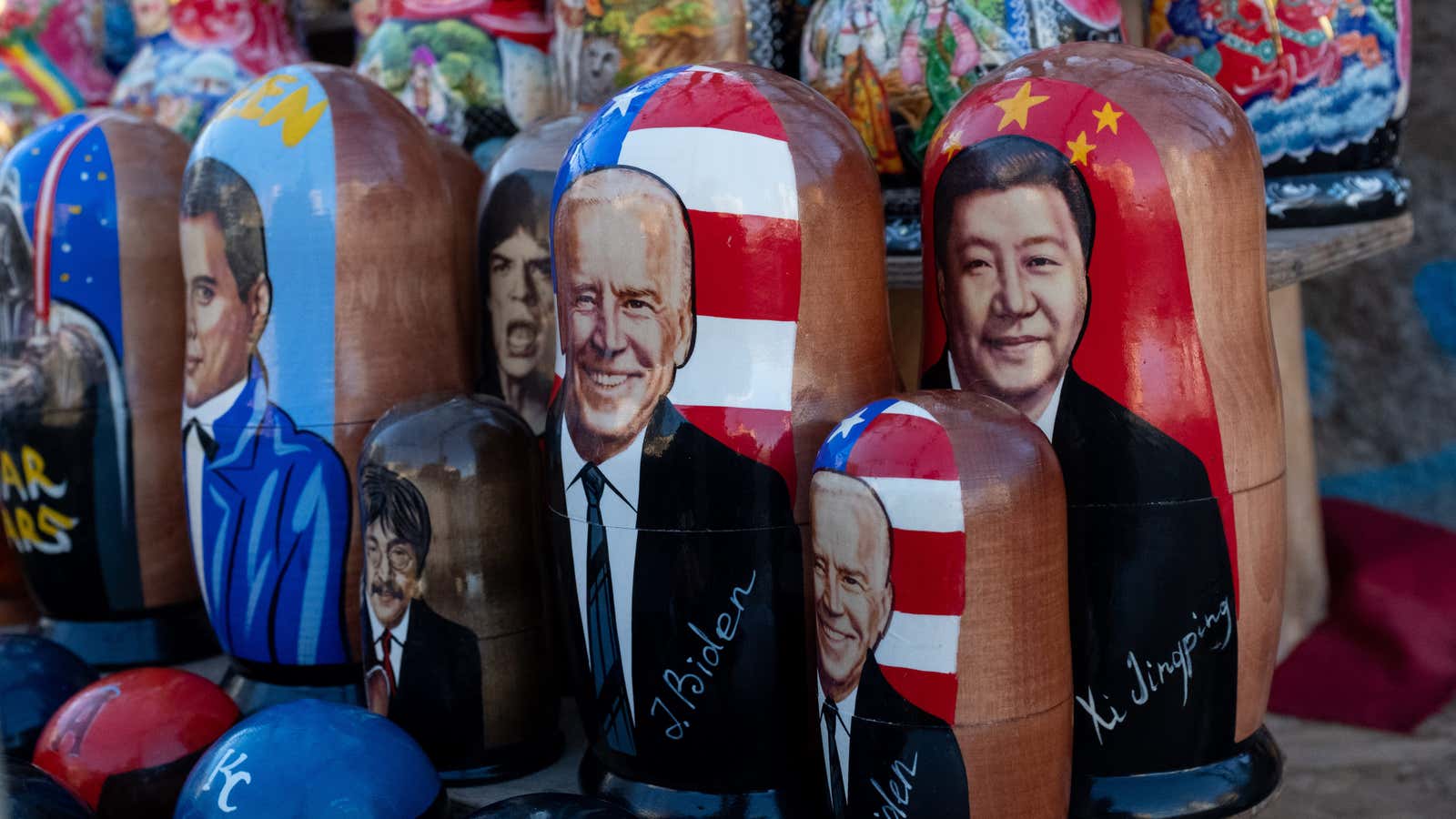 Russian nesting dolls of US President Joe Biden and Chinese leader Xi Jinping