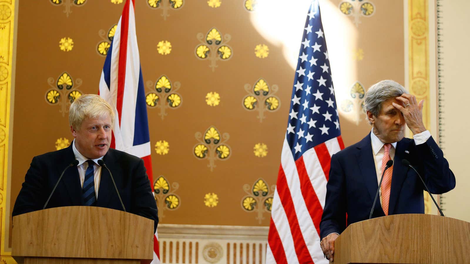 Britain’s Foreign Secretary Boris Johnson, left, speaks during a press conference with U.S. Secretary of State John Kerry at the Foreign Office in London.