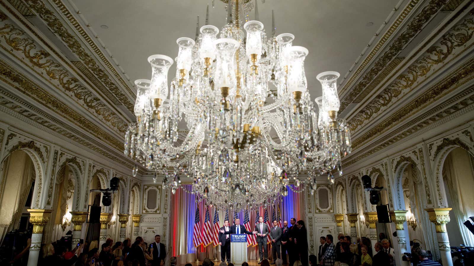 Trump speaks in the ballroom of his palatial Mar-a-Lago golf club