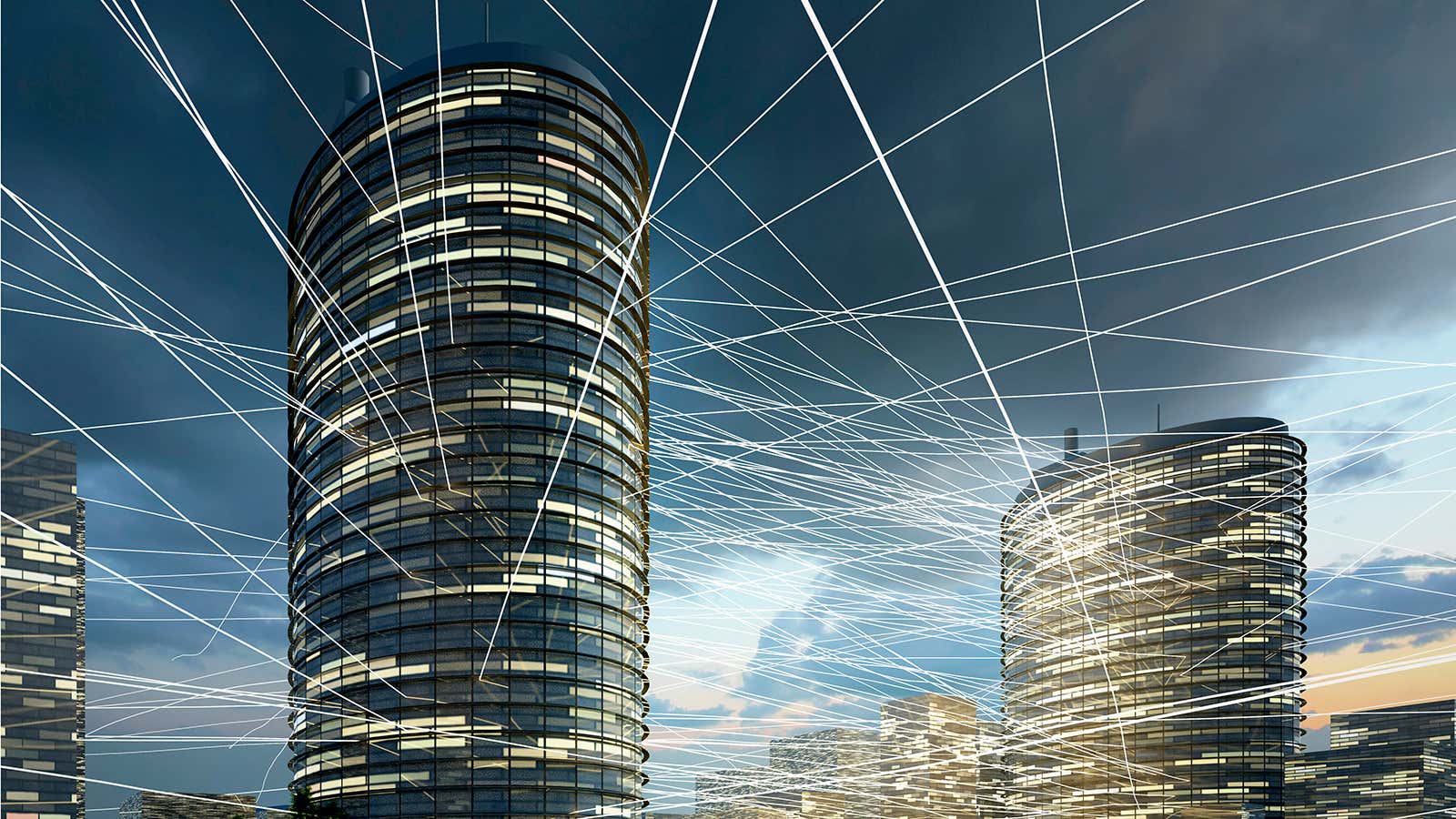 office towers with light beams visualizing communication flow — Image by © Volker Mˆhrke/Corbis