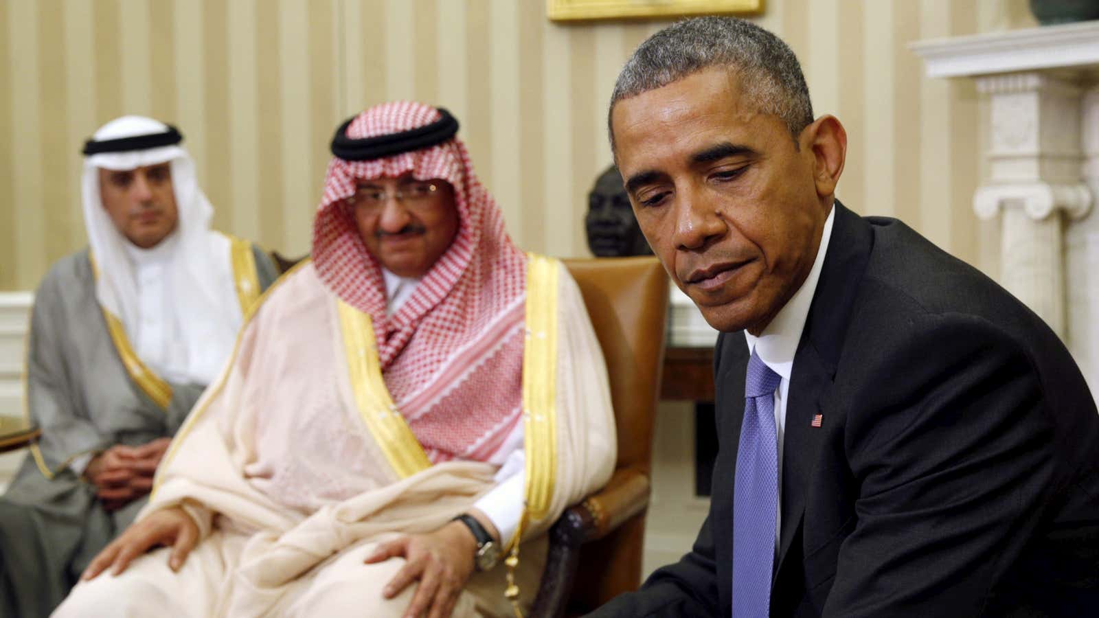 Obama meets with Saudi Crown Prince Mohammed bin Nayef (C) in the Oval Office.